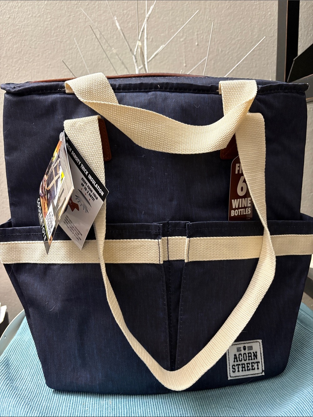 Navy Canvas Tote Bag with Cream Straps / wine bottle cooler